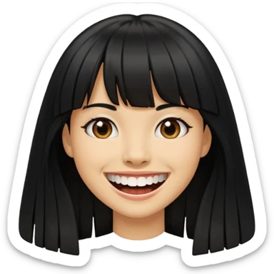 Woman a little tan with long black hairs and bangs, appearing teeth sticker