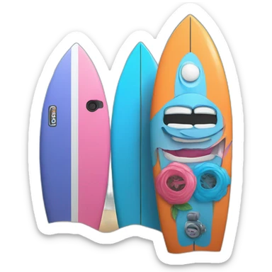surf board Cartoon Blue and orange smiling and a microphone Cartoon Blue and pink  sticker