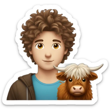 white brunette boy with fluffy hair with fluffy highland cow sticker