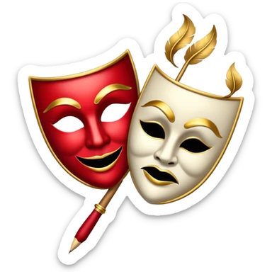 Create a bold and dramatic emoji representing the art of playwriting. The design should feature an open script or a theater playbook, with stylized text inside. Include elements like a theatrical comedy and tragedy masks, a stage spotlight, or a writting quill to symbolize creativity and performance. Use deep, contrasting colors like red, black, and gold to evoke the intensity and passion of drama. The overall design should feel dramatic, inspiring, and artistic. Make the background transparent. sticker