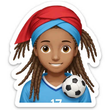 "- nam
- 17 tuổi
- Da nâu
- Tóc Dreadlock lọn bé, đội khăn xanh nước biển
- Cười mỉm, mắt to
- Mặc áo bóng đá màu đỏ sticker