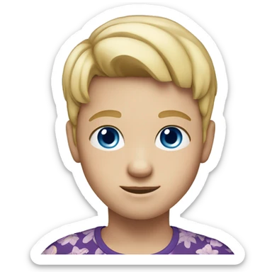 Kid with blue eyes and blonde hair wearing a purple flower shirt and is white skinned sticker