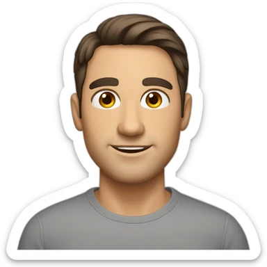 Caucasian man with, tanned skin, short dark hair, brown eyes, big nose, sticker