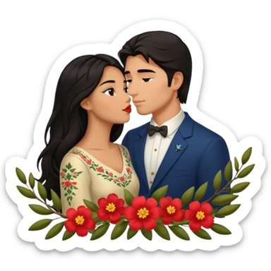 Kissing Couple traveling in Montenegro russian man and elegant  Latina girl delicate flowers and mountains in the background  sticker
