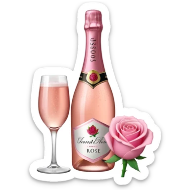 bottle of sparkling rose champagne tilted up and to the right, with a rose logo sticker