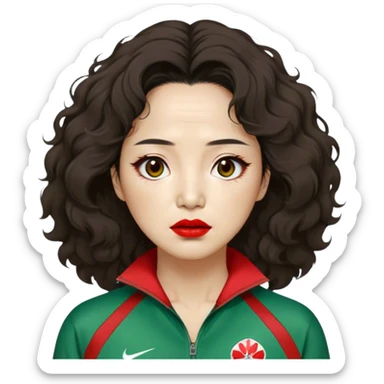 Han Mi-nyeo: Age Late 70s
Appearance: A crazy woman with many wrinkles face, frizzy, very messy dark brown hair and dramatic red lipstick.
Outfit: Green player tracksuit sticker