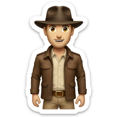 White Indiana Jones with a dark brown jacket and a brown hat, beige shirt sticker
