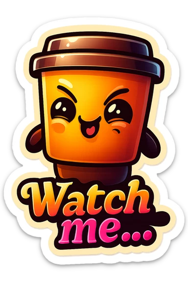 Tall coffee cup, giggling, mischievous eyes, "Watch me..." sticker