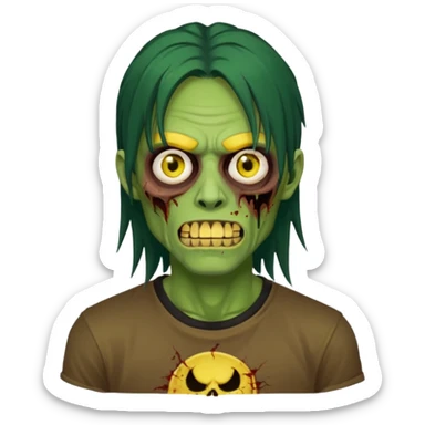 I want you to give me a zombie man and his skin its green who has golden teeth, yellow eyes, eyebrows and black hair, the hair I want to be a long modcut cut and is wearing a brown affliction T-shirt and thin circular lenses sticker