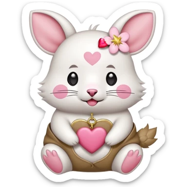 GENERATE ME A MOMONGA WHITE ANIMAL  FROM CHIIKAWA AND PUT A SAKURA FLOWER ON HIS HEAD AND A STAR PELT ON HIS BELLY AND A HEART PURSE ON HIS ARM WITH HIS FACE MAKE HIS TOUNGE STICK OUT WITH A LITTLEPINCH OFDROOL AND MAKE HIM ANIME sticker