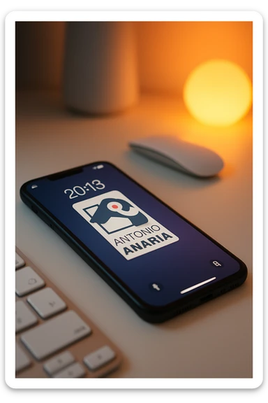 A photo of an iPhone on the desk with the message "Antonio Anania" on its screen, The phone sits atop a desk with a blurred background that suggests work environment. A faint glow from above casts gentle shadows across the surface of each object, creating depth and highlighting their textures sticker