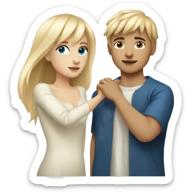 Girl with long back hair with bangs and tan skin kissing boy with blonde hair blue eyes and white skin sticker