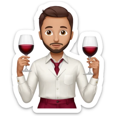Anwar Jibawi with dark brown hair, white dress shirt, wine red silk pants sticker