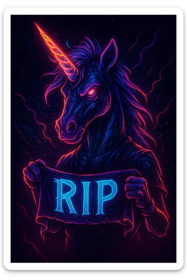 neon unicorn holding a RIP banner, cyberpunk neon style, electric colors, dramatic lighting sticker