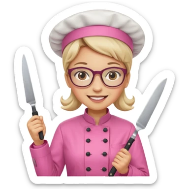 female italian chef, pink uniform, wearing glasses, holding knife sticker