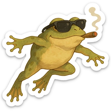 detailed frog leaping, wearing ray bans, looking very satisfied, smoking a cigar, in ghibli style sticker