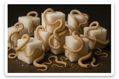 ZOLLETTE DI ZUCCHERO CON PARASSITI TIPO LA TENIA ARROTOLATE INTORNO AD OGNI ZOLLETTA, IPERREALISTICO 4K sticker