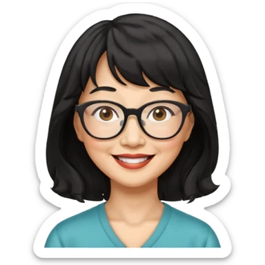 asian woman, 60 yr old, black wavy hair with bangs, big glasses  sticker