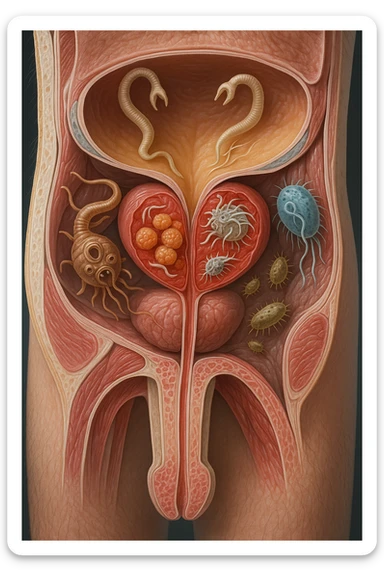 Vertical, hyper-realistic 3D cutaway illustration: the human body is shown in semi-transparent layers, exposing various types of problemi alla prostata a causa dei parassiti sticker