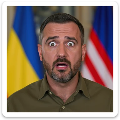 highly realistic, photorealistic portrait of Volodymyr Zelensky, President of Ukraine, expression of fear and shock, entire head and shoulders fully visible, centered in frame, short dark hair, trimmed beard, wearing dark olive green shirt sticker