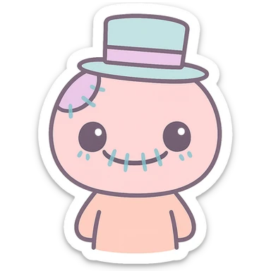 scary cute man, stitched smile, pastel colors, kawaii style sticker