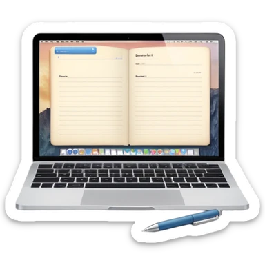 MacBook with booking app open beside vintage paper notebook and pen sticker
