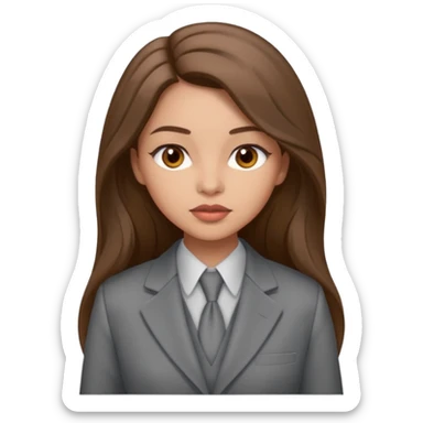 a young woman wearing a gray trouser suit.   She has brown eyes and very long brown hair. Her skin is light. Her lips are plumped sticker