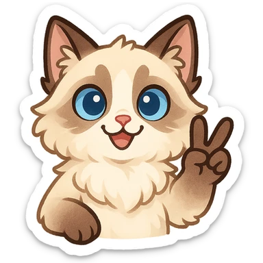a ragdoll cat throwing a peace sign, fun expressive style, cute cartoonish, fluffy with blue eyes, soft fur, playful, cheerful and friendly sticker