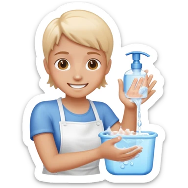 person washing hands with soap and water, cheerful expression, simple and clear sticker