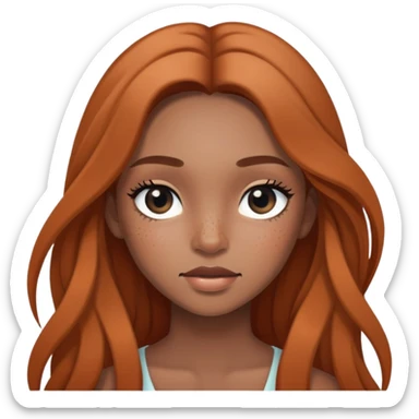 girl with long hair, black eyes, soft makeup, and freckles across her face sticker