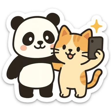 flat toon style panda and cat taking a selfie together sticker