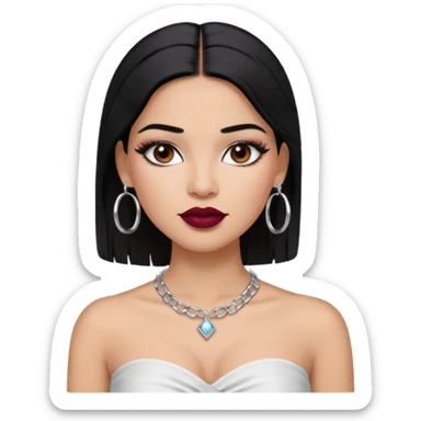 latina makeup olsun, saçları düz, halka küpeler taksın. takıların hepsi gümüş rengi olsun halka küpeler ve kolye dahil. makyajı ağır olsun ve beyaz bir Bandeau top kıyafet giyisin dudakları bordo olsun sticker