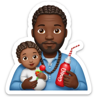 Big black man with braids hold a  baby bottle and a lollipop sticker