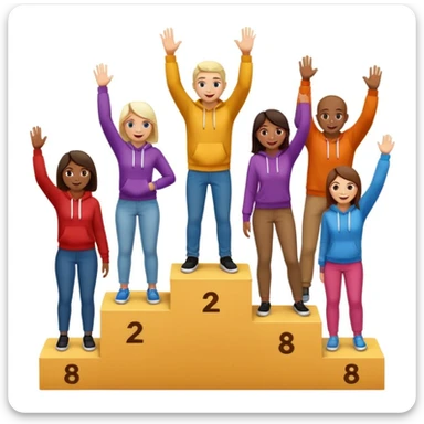 multi-racial group on a brown winners’ podium with the middle step higher, no numbers, all in colorful jeans, t-shirts, and hoodies, one person high fiving, excited fun expressive emoji style sticker