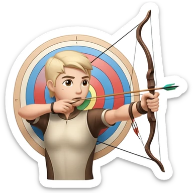 An archer drawing a bow and aiming an arrow at a target, with perfect focus and precision. The target is visible in the background, featuring concentric rings. The scene captures the concentration and skill involved in archery, emphasizing the elegance and accuracy of the sport. sticker