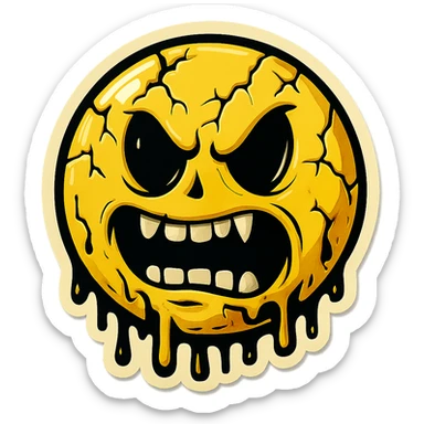 scary emoji with cracks, drips and chips, retro stickers style, sharp black outlines, clear shadows and highlights, no gradients sticker