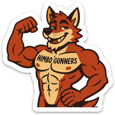 extremely muscular, attractive wolf furry, shirtless, with 'Himbo Gunners' tattoo across chest, flexing, confident and good-looking sticker