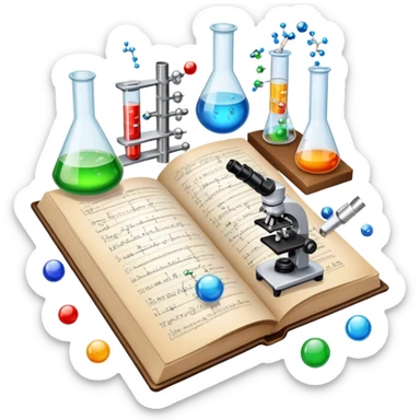 Icon for Scientific and Educational Reading: an open book with mathematical and physical formulas on the pages, with molecules and atoms flying out. On the desk are test tubes, flasks, and a microscope. Transparent background. sticker