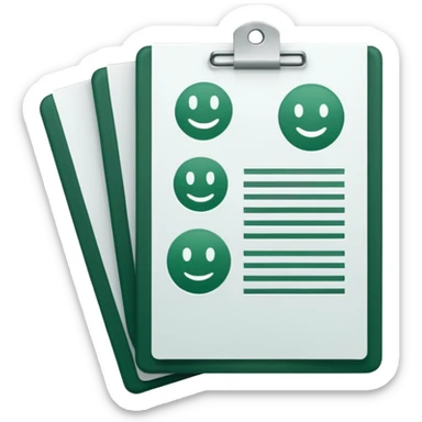 several white documents with dark green stamps and details, minimalist design, emoji style sticker