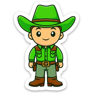 Cartoon cowboy with bright green outfit and matching green cowboy hat, western style sticker
