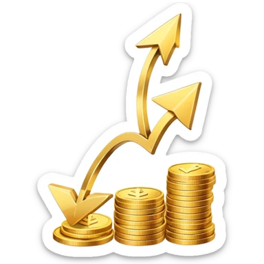 upward arrow beside a small stack of gold coins, financial growth symbol sticker