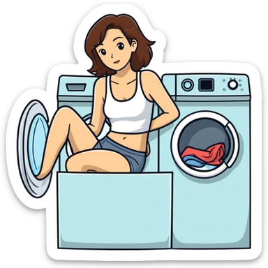 Caucasian woman with brown hair and big boobs wearing a tank top lying on a washer and dryer sticker