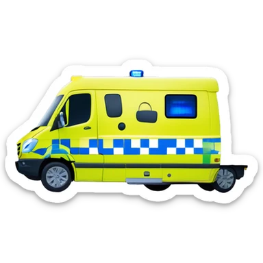 Mercedes sprinter ambulance, yellow body, with green and yellow checkerboard print strip along the bottom. NHS blue and white logo on the side. Blue flashing lights.  sticker