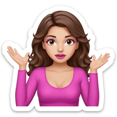 girl with long wavy brown hair, brown eyes, long lashes makeup, sexy pink lips, light to medium complexion, pink sexy top, two hands up, shrugging sticker