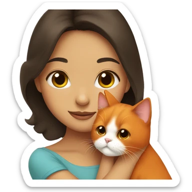 Girl with dark brown hair hugging a orange  himalayan cat  sticker