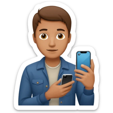 man casual clothes holding one phone sticker