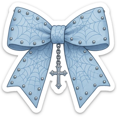 Create a pastel blue gothic bow oversized with silver studs, spiderweb patterns, and a dangling cross. The image should have no background and be in a general style. sticker