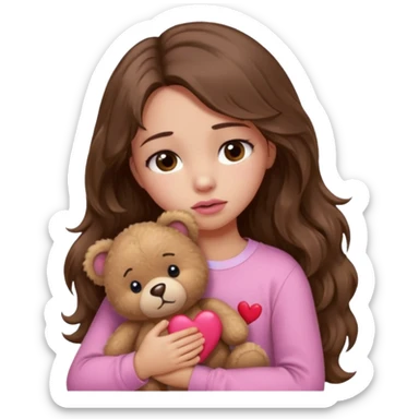 girl with long wavy brown hair, brown eyes, light to medium complexion, in a pink shirt, pink lips, long lashes, sad crying , hugging a teddy bear with a  heart sticker