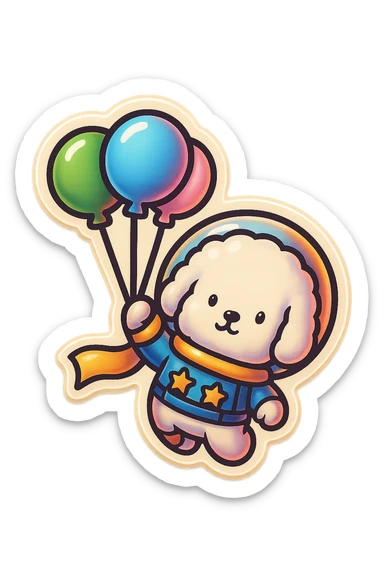 Transform the image into a WhatsApp sticker style by removing the background and leaving only the astronaut dog with balloons. Add a white border around the subject for a sticker effect. sticker