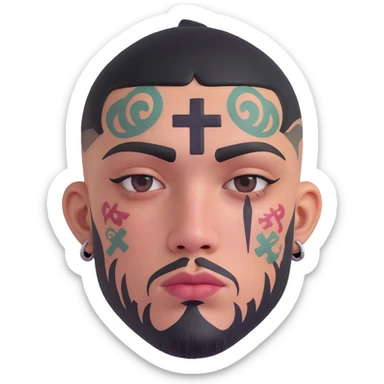 gangster with multiple face tattoos, teardrop under eye, cross tattoo on cheek, tough vibe sticker